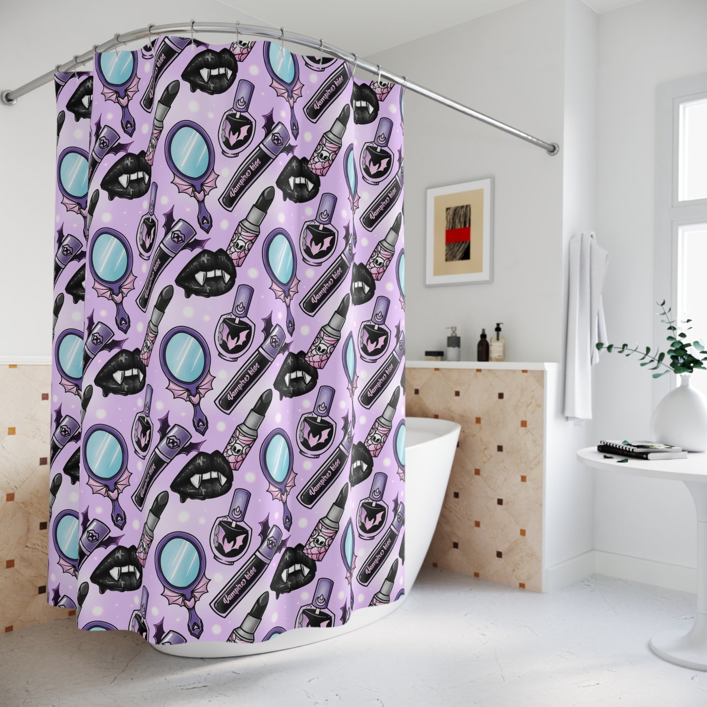Pastel Goth Vampire Makeup Shower Curtain - Kawaii Gothic Bathroom Decor - Cute Horror Aesthetic - Spooky Glam Gift - Alternative Home Accessory