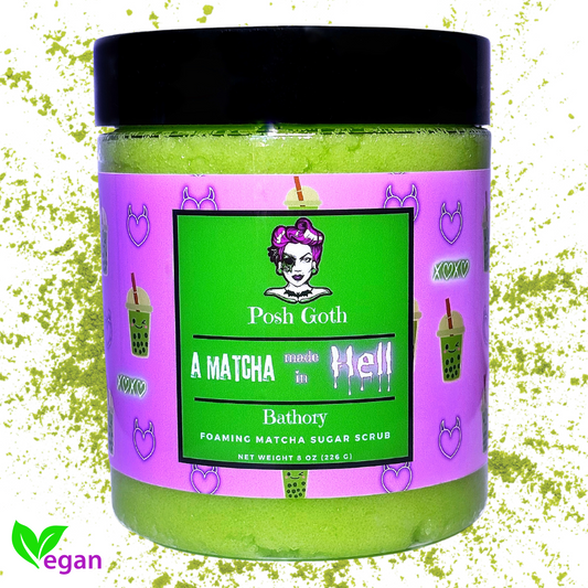 Witchy Sugar Scrub – Matcha Made in Hell | Green Tea Exfoliating Scrub | Floral Musk Scent | Goth Self-Care Gift