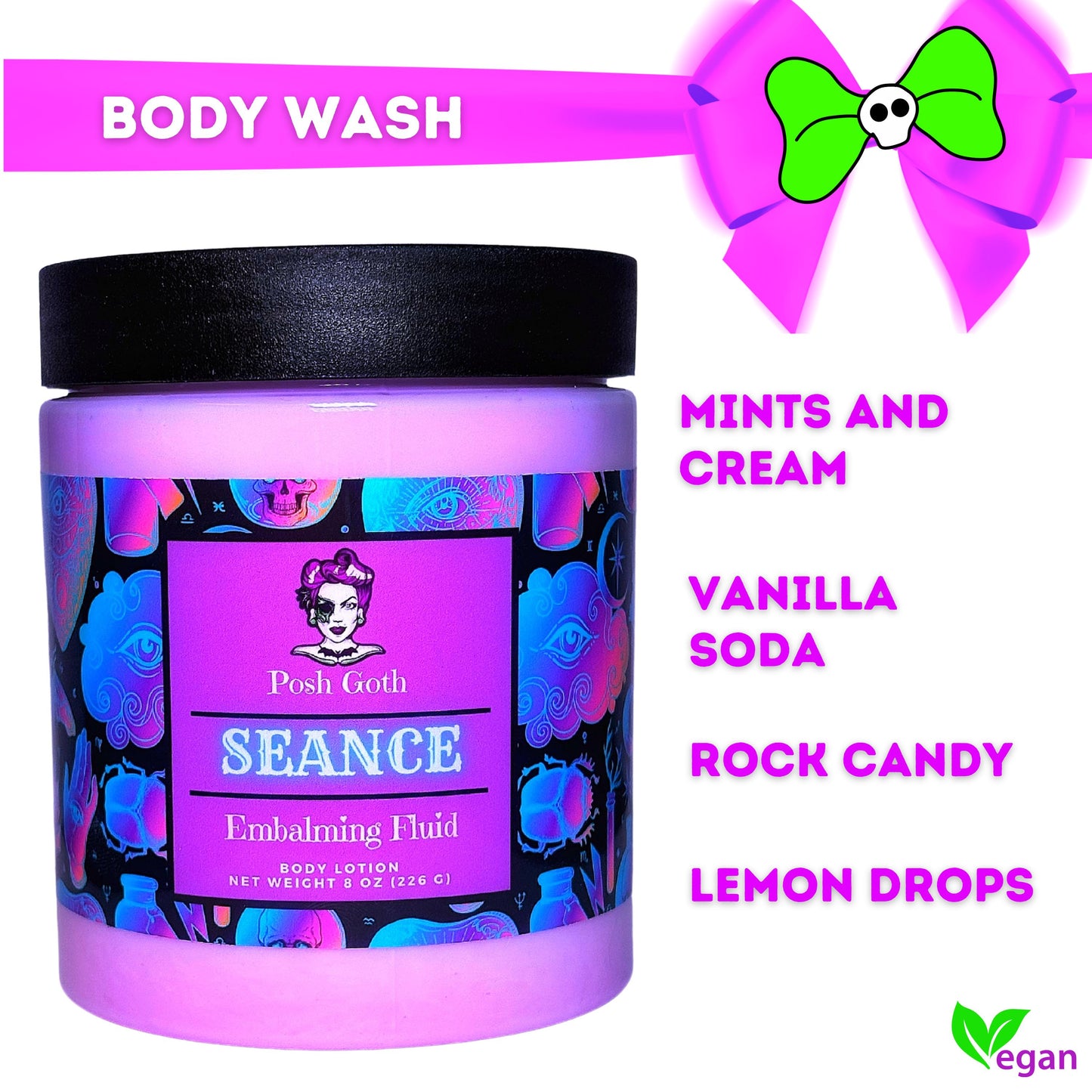 Séance Body Lotion - Goth Vanilla Mint Lotion - Sugared Lemon Drop Scent - Handmade Vegan Skincare - Witchy Gift - Sweet Dark Feminine