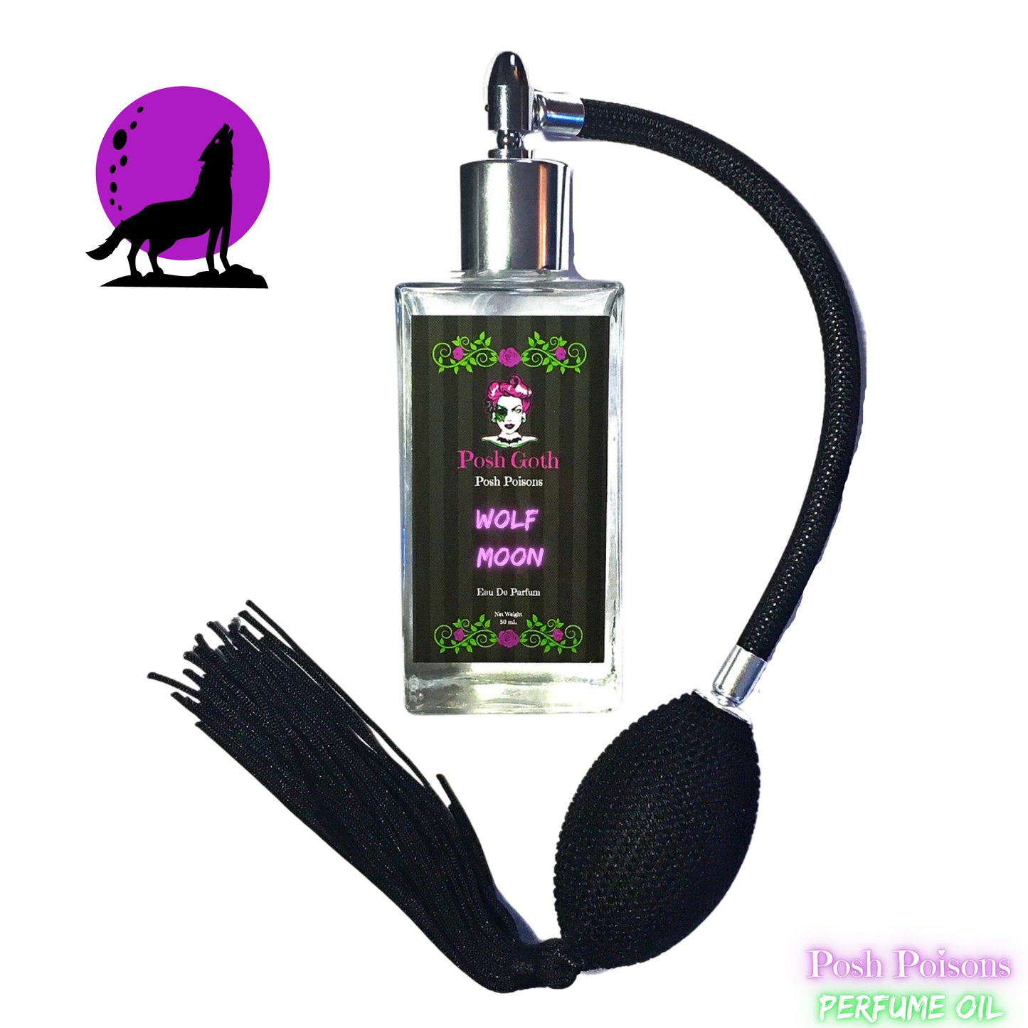 Wolf Moon Gothic Lavender Spearmint Aromatherapy Perfume 50 mL bulb atomizer spray bottle. - Posh Goth - Gothic Perfume