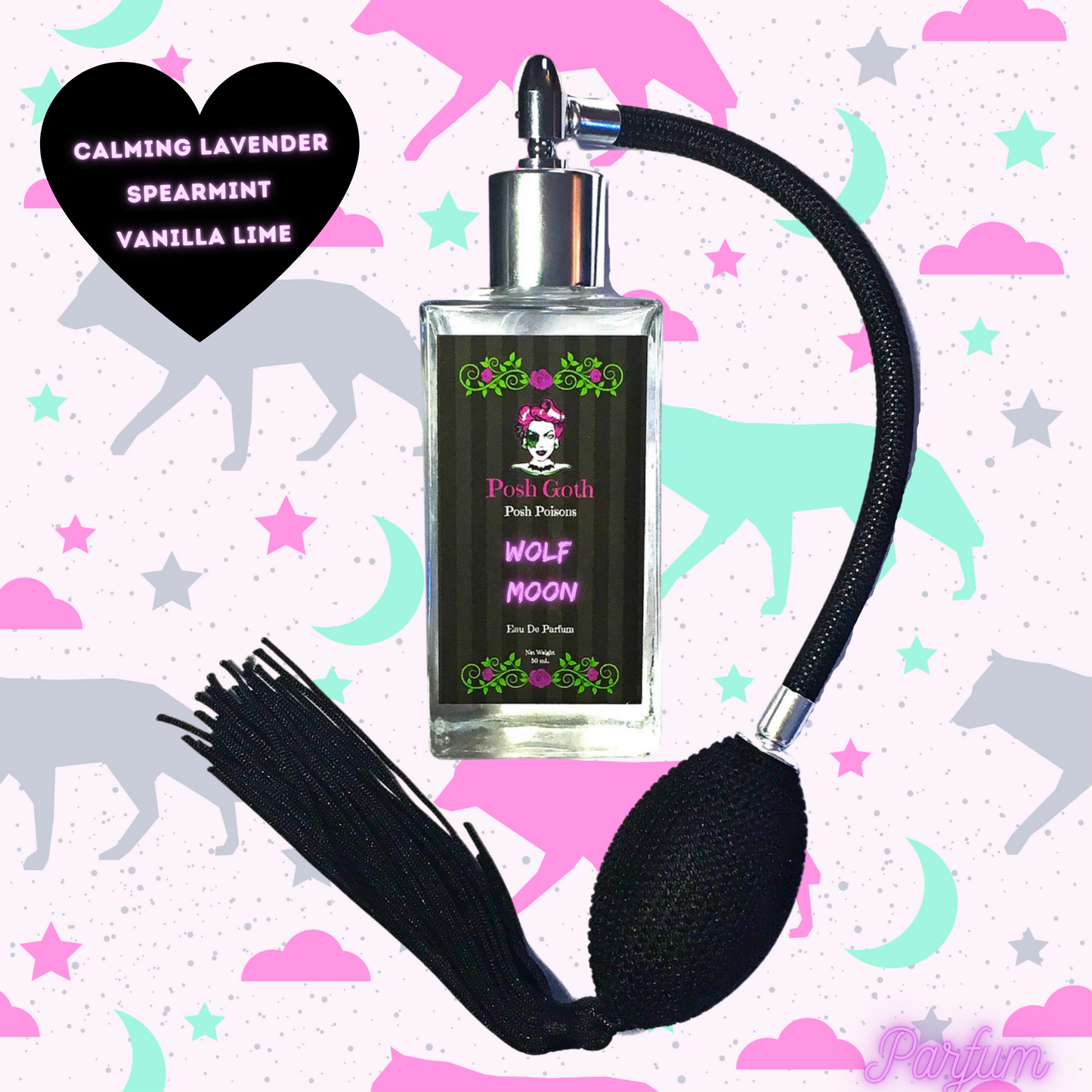 Wolf Moon Gothic Lavender Spearmint Aromatherapy Perfume 50 mL bulb atomizer spray bottle. - Posh Goth - Gothic Perfume
