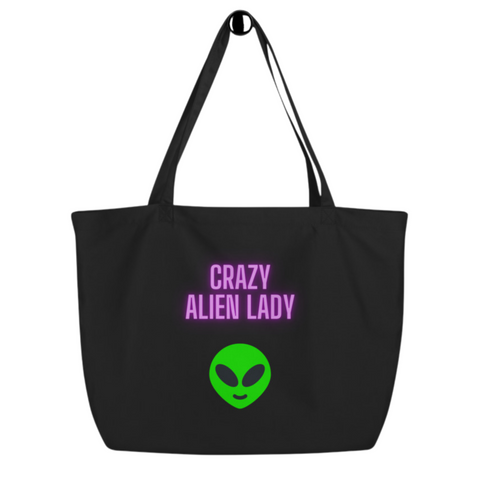 CRAZY ALIEN LADY Large Organic Tote Bag by Posh Goth - Posh Goth - Tote Bag