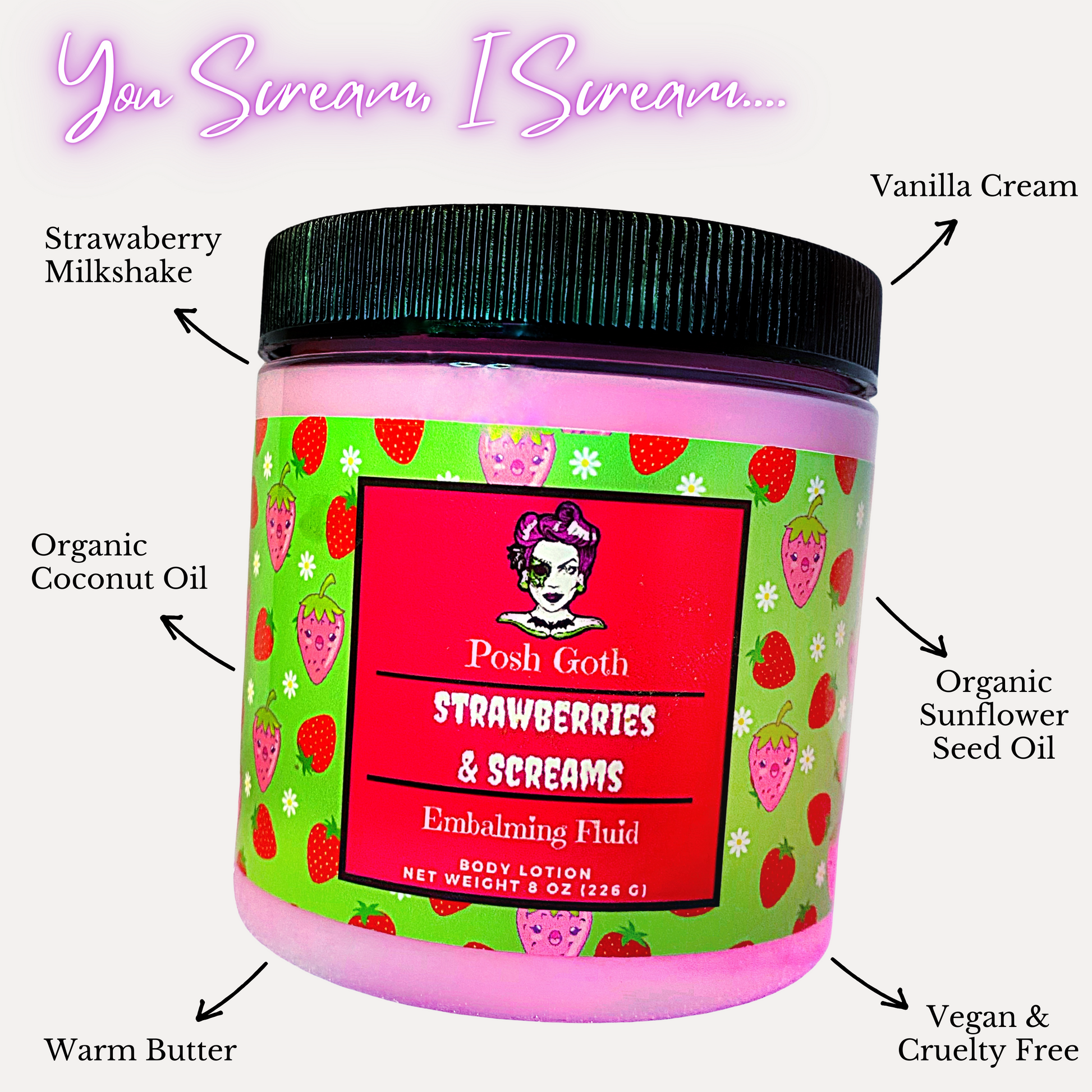 STRAWBERRIES & SCREAMS Strawberry Shortcake Scented Body Lotion - Posh Goth -