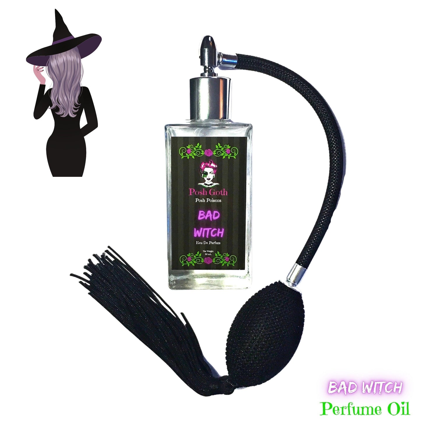 Bad Witch Pink Sugar Scented Gothic Perfume 50 mL - Vintage Bulb Perfume Bottle - Posh Goth -