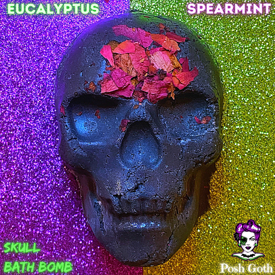 LARGE 6 Oz Skull Bath Bomb - Eucalyptus and Spearmint Scented with real rose petals - Posh Goth -