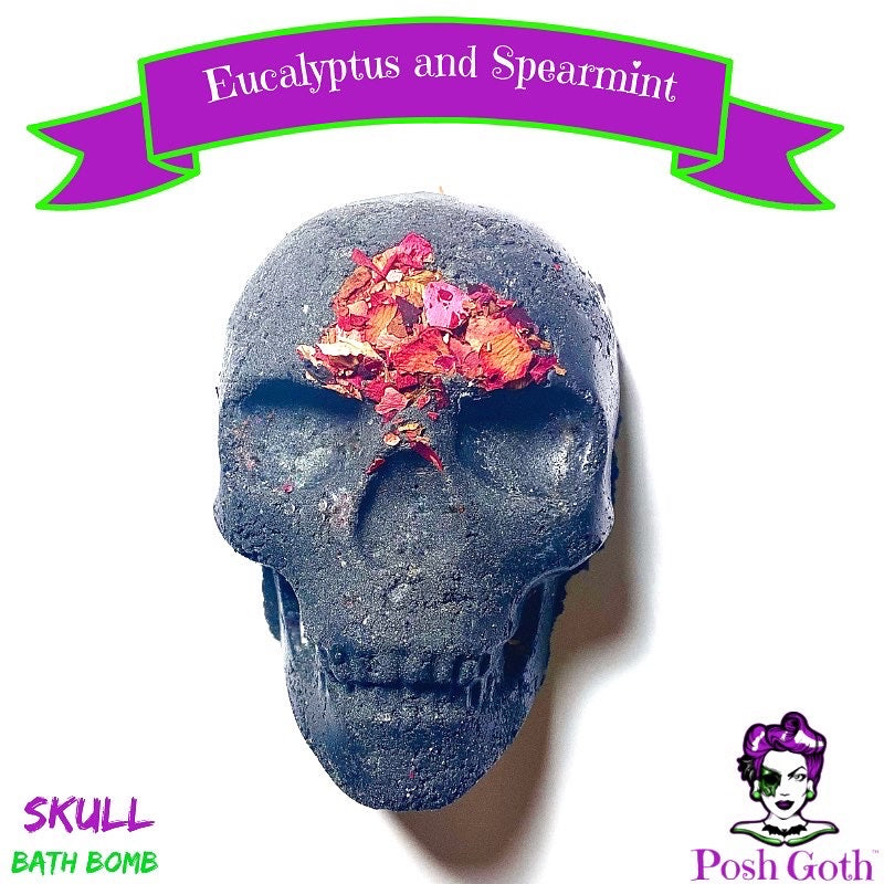 LARGE 6 Oz Skull Bath Bomb - Eucalyptus and Spearmint Scented with real rose petals - Posh Goth -