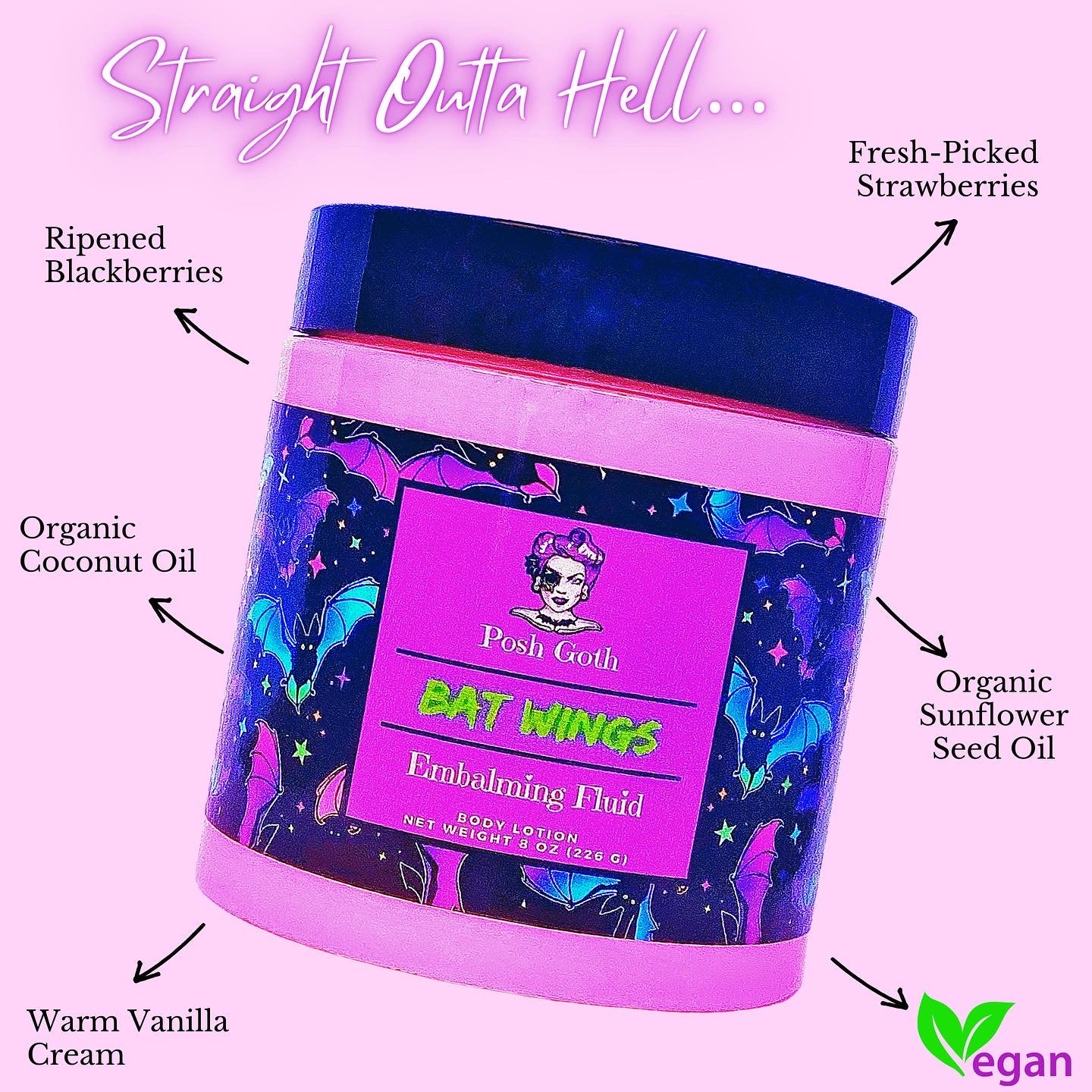 BAT WINGS Embalming Fluid Black Raspberry Vanilla Scented Body Lotion by Posh Goth - Posh Goth - Goth Bath