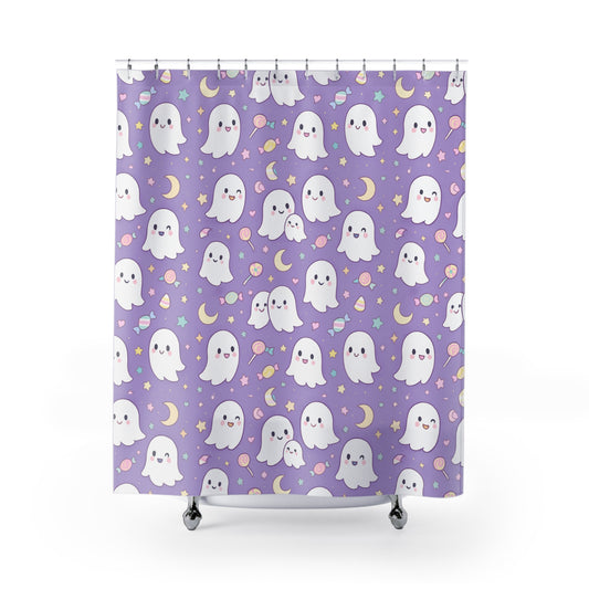 Whimsical Ghost Shower Curtain, Bathroom Decor, Cute Bathtub Curtain, Halloween Decoration, Soft Purple Color