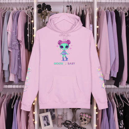 Moon Baby Pink Sweatshirt - Kawaii Alien Hoodie - Celestial Sleeve Design - Pastel Goth Clothing - Cute Spacecore Gift - Cozy Hoodie