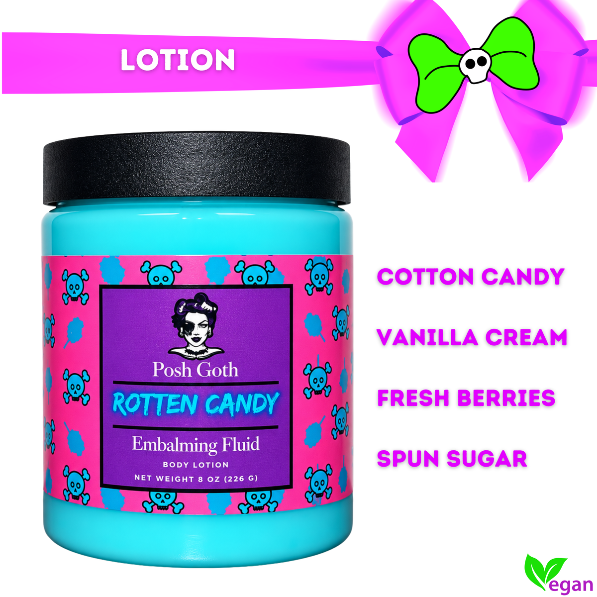 ROTTEN CANDY Body Lotion | Cotton Candy Berry Vanilla Scent | Goth Skincare | Gourmand Lotion | Posh Goth Bath & Body - Posh Goth - Goth Bath 