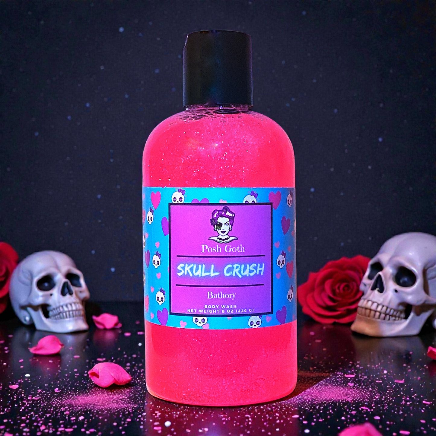 SKULL CRUSH Fruity and Floral Scented Shimmering Bubble Bath and Body Wash 8 oz - Posh Goth -  
