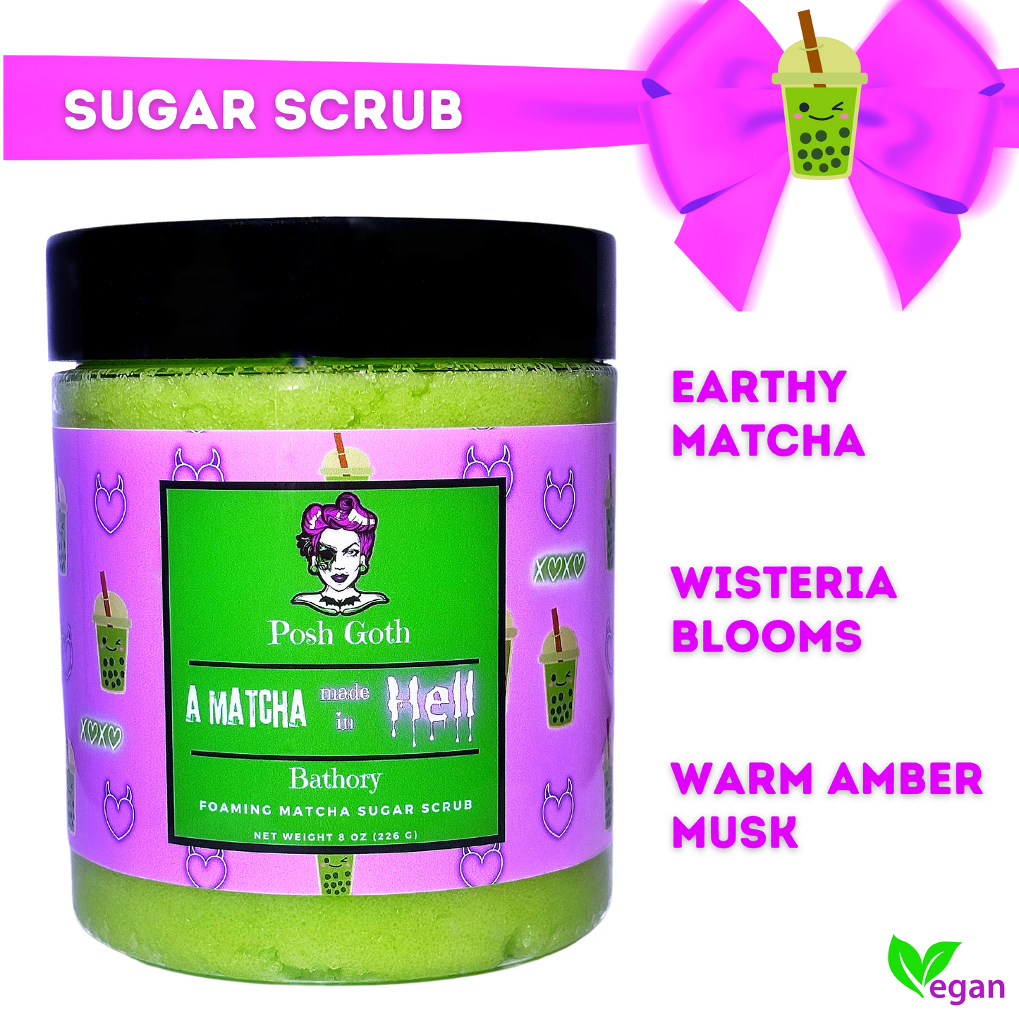 Witchy Sugar Scrub – Matcha Made in Hell | Green Tea Exfoliating Scrub | Floral Musk Scent | Goth Self-Care Gift