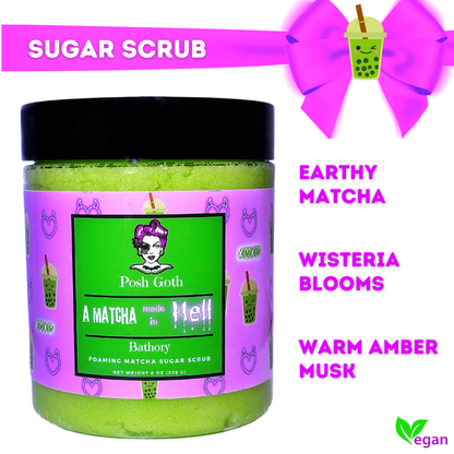 Witchy Sugar Scrub – Matcha Made in Hell | Green Tea Exfoliating Scrub | Floral Musk Scent | Goth Self-Care Gift