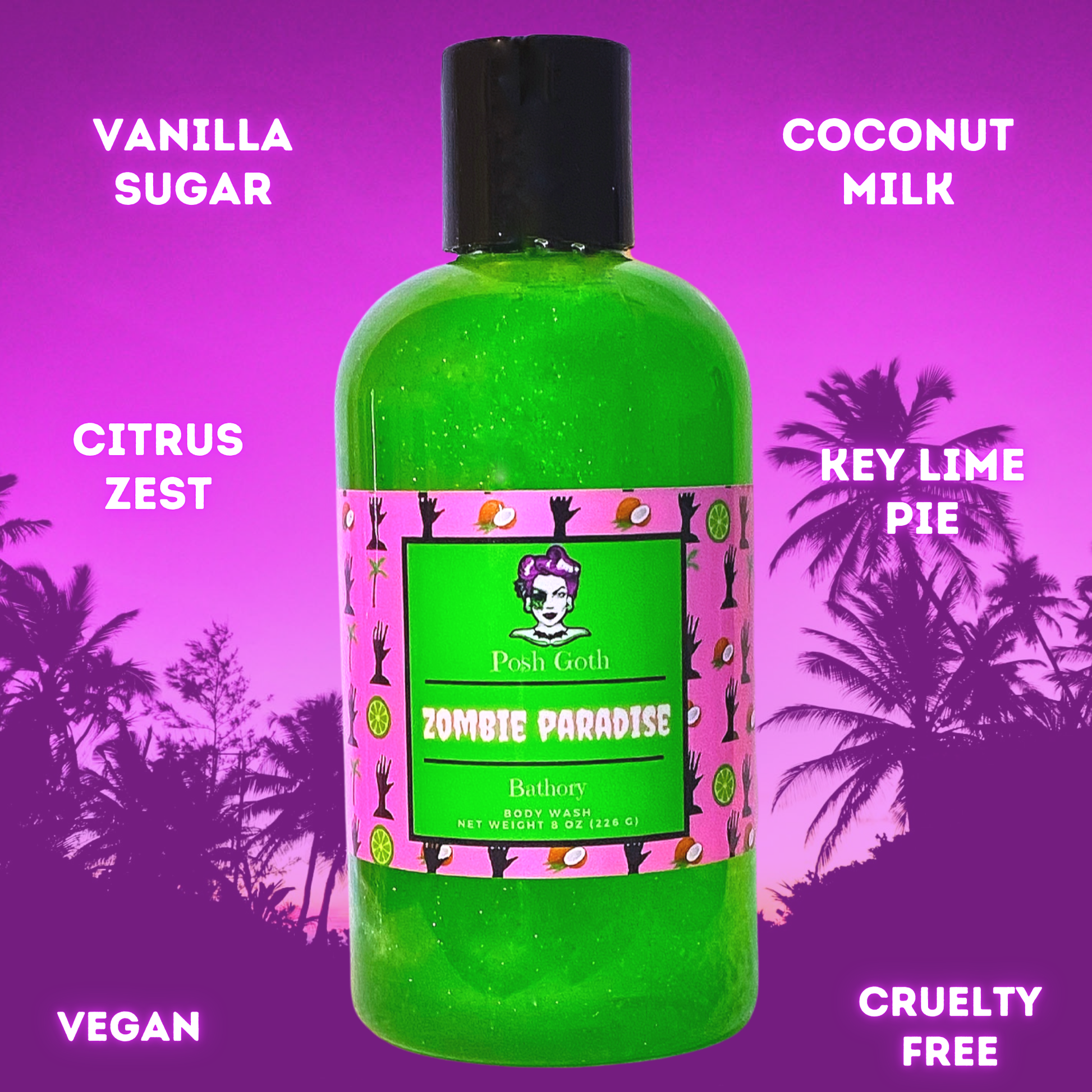 Zombie Paradise Body Wash – Coconut Cream and Key Lime | Witchy Bath and Body | Goth Beauty Vegan Wash - Posh Goth -  