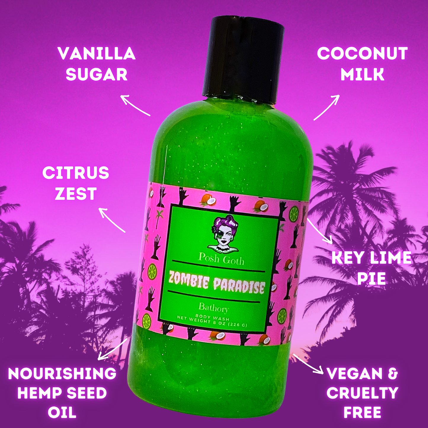 Zombie Paradise Body Wash – Coconut Cream and Key Lime | Witchy Bath and Body | Goth Beauty Vegan Wash